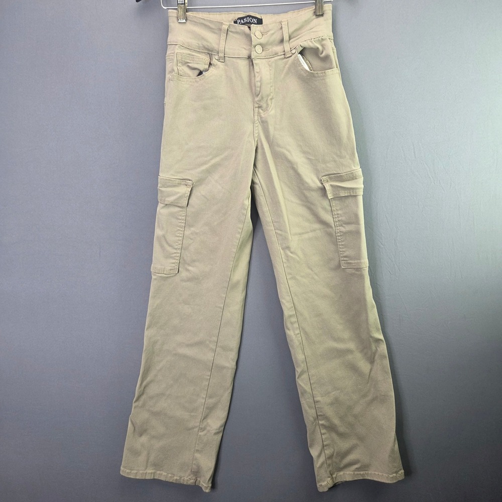 Pasion Cargo Pants Khaki Tan High Rise Straight Leg Size 5 Utility Trousers